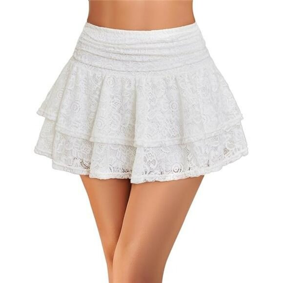 Womens Lace Pleated Mini Skirt High Waist Ruffle Flowy Clubwear Short Skirt - Picture 7 of 7